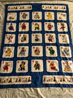 Vintage Children's Alphabet Bear Quilt - Blue and White